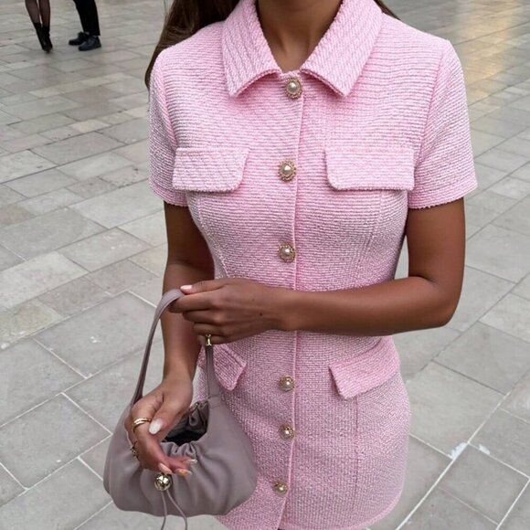 Baby Pink Elegant Women's tweed Short Sleeve Single-Breasted Mini Dress - Picture 1 of 7